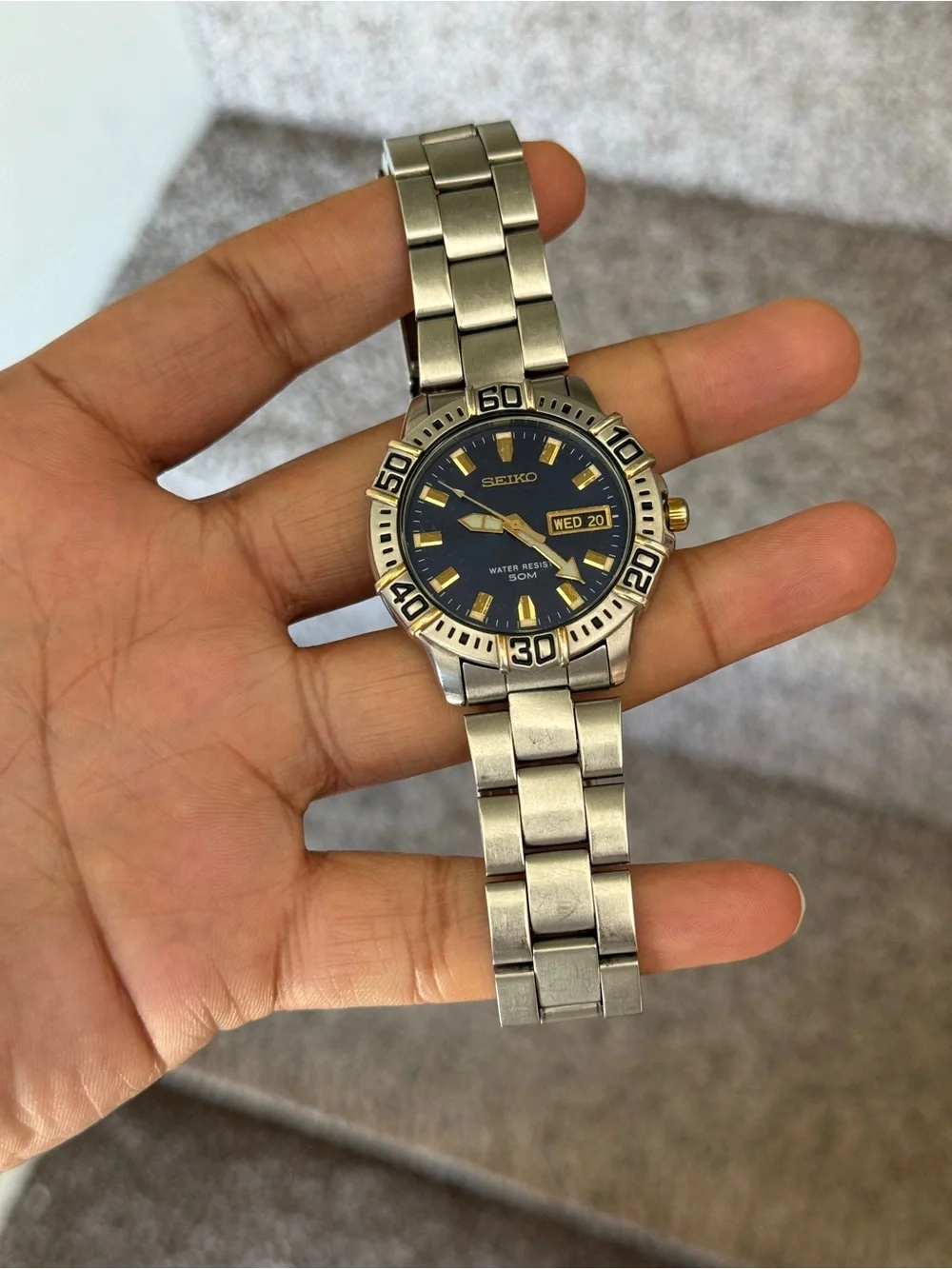 Seiko Blue Dial Stainless Steel Watch with Gold Accents Mens Watch